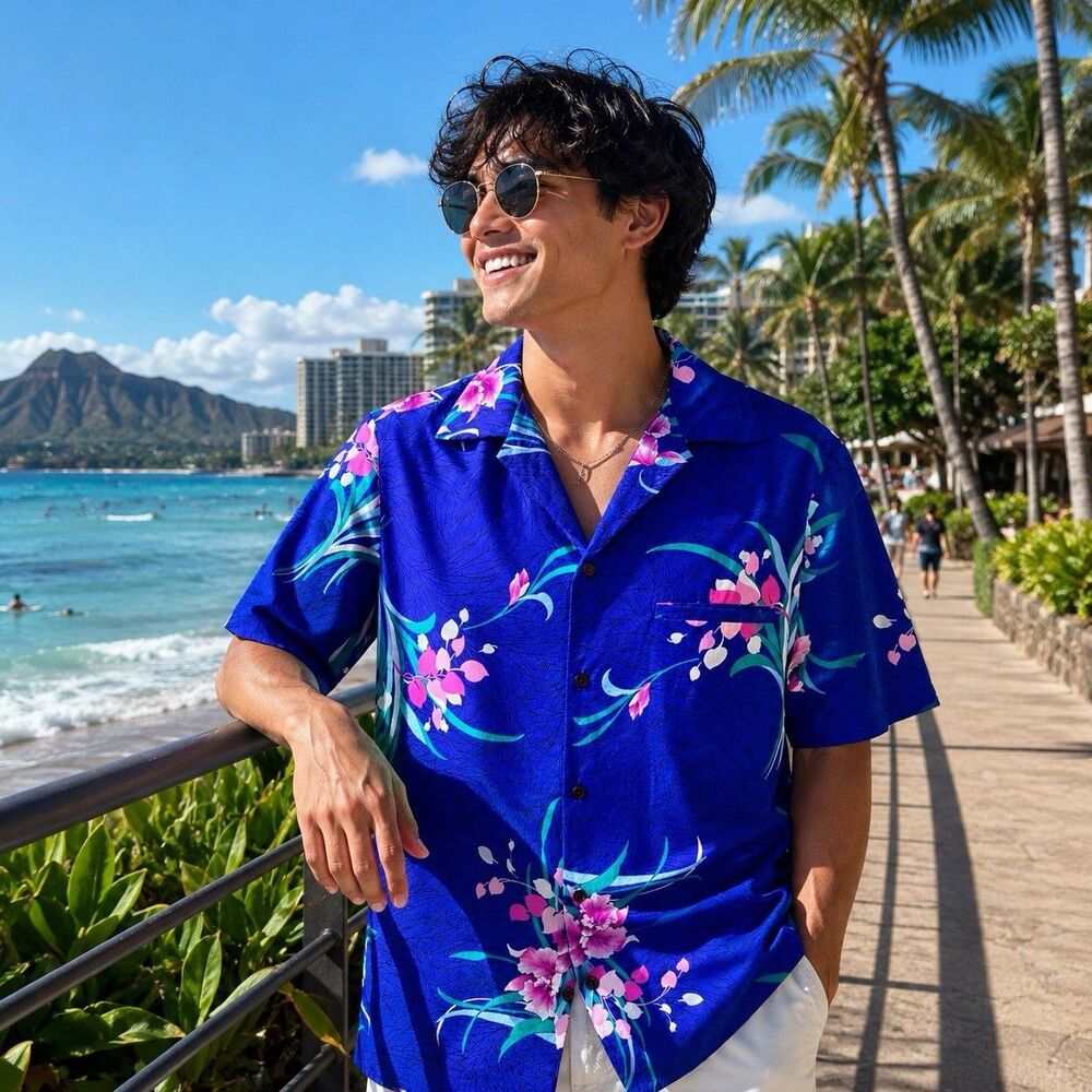 Vintage Hilo Hattie's Hawaiian Shirt Mens Large Made in Hawaii Blue Floral Aloha